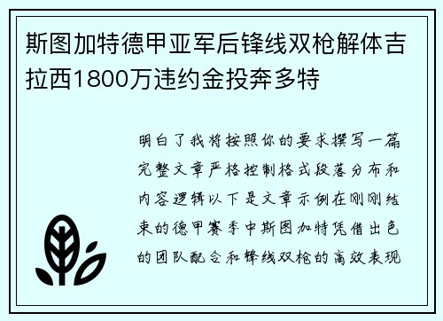 斯图加特德甲亚军后锋线双枪解体吉拉西1800万违约金投奔多特